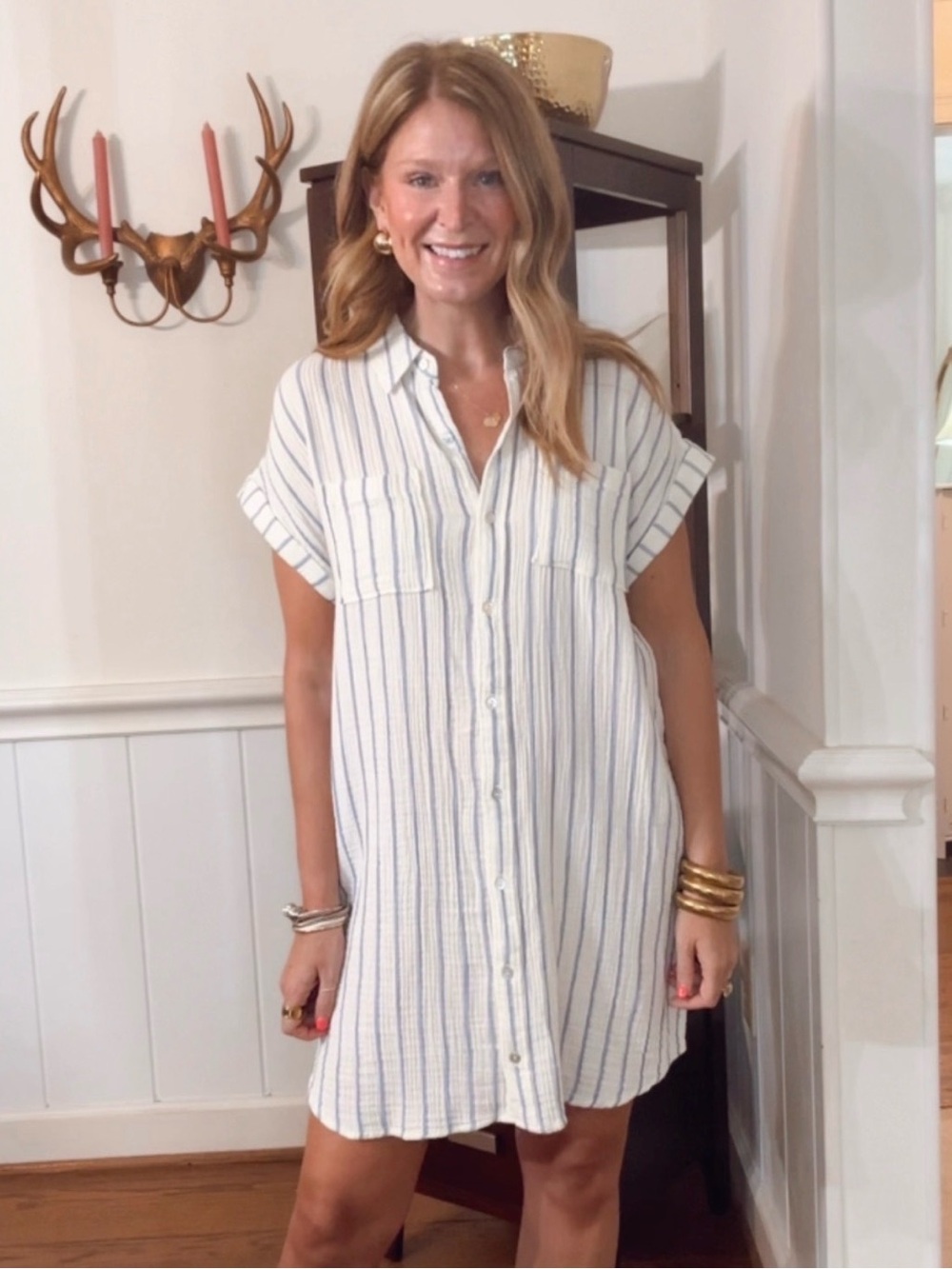 Wonderly Gauzey Mini Shirt Dress with Blue Stripes